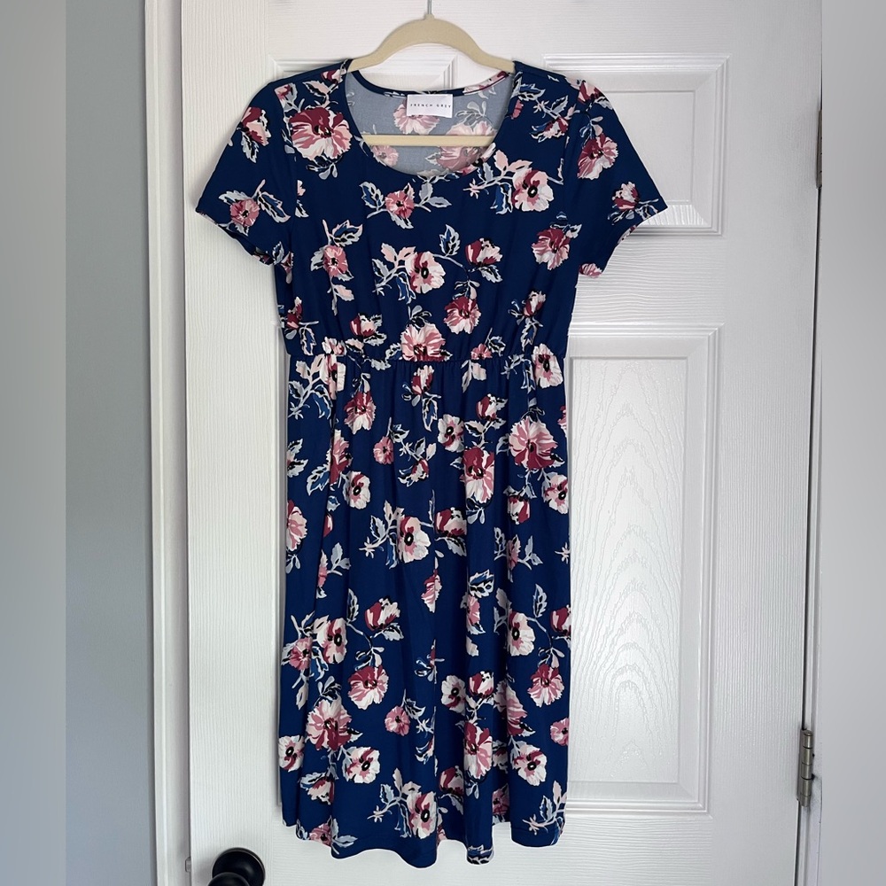 French Grey Blue Pink Sundress Short Sleeve Scoop Neck Midi